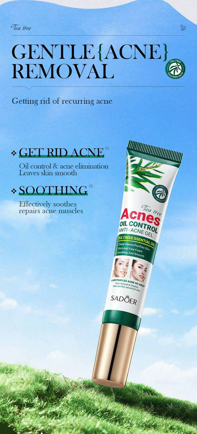 SADOER Tea Tree Purifying Acne Gel Cream — Oil Control & Hydrating